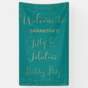 Fifty & Fabulous Party Welcome Gold and Teal Banner