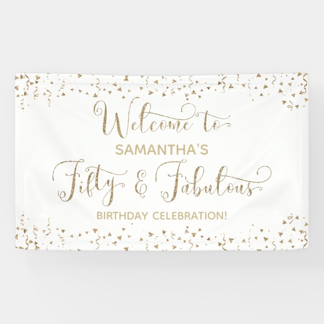 Fifty & Fabulous Party Welcome Gold and White 2 Banner (Horizontal)