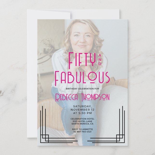 Fifty Fabulous Photo Pink Art Deco 50th Birthday Invitation (Front)