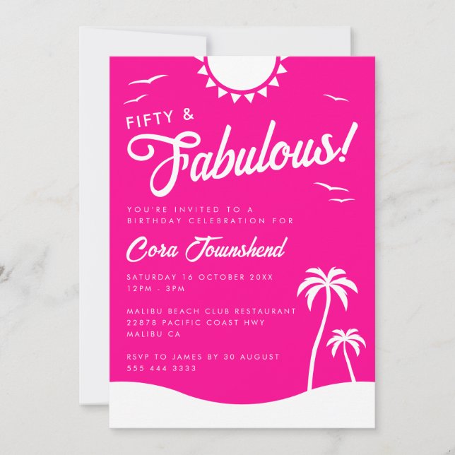 Fifty & Fabulous Pink Beach 50th Birthday Party Invitation (Front)