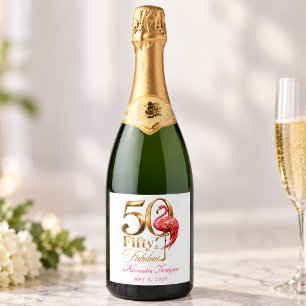 Fifty & Fabulous Pink Flamingo 50th Birthday Party Sparkling Wine Label