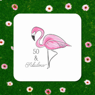 Fifty & Fabulous Pink Flamingo 50th Birthday Square Paper Coaster