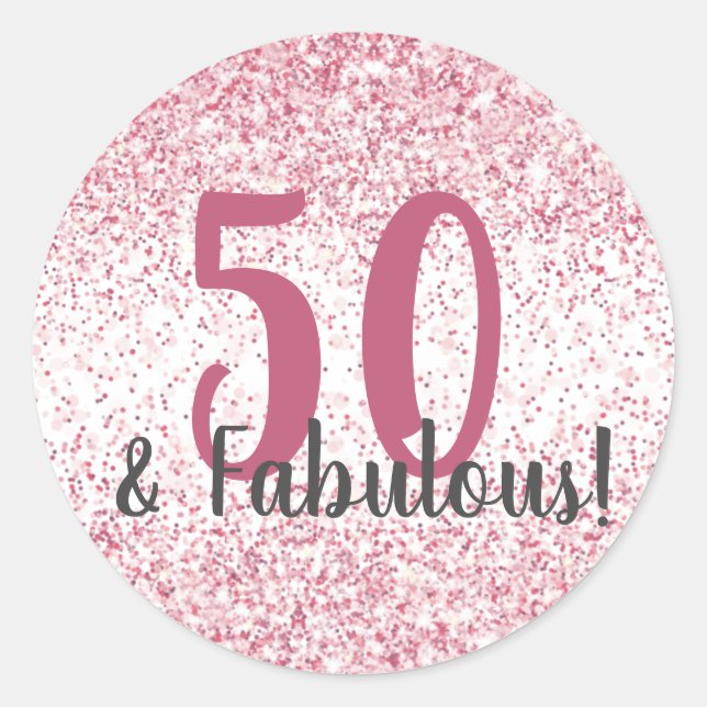Fifty & Fabulous Pink Glitter Confetti Birthday Classic Round Sticker (Front)