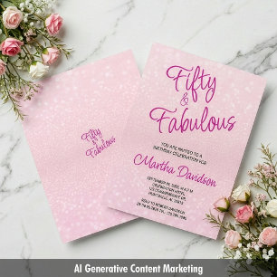 Fifty & Fabulous Pink Glitter Elegant Invitation