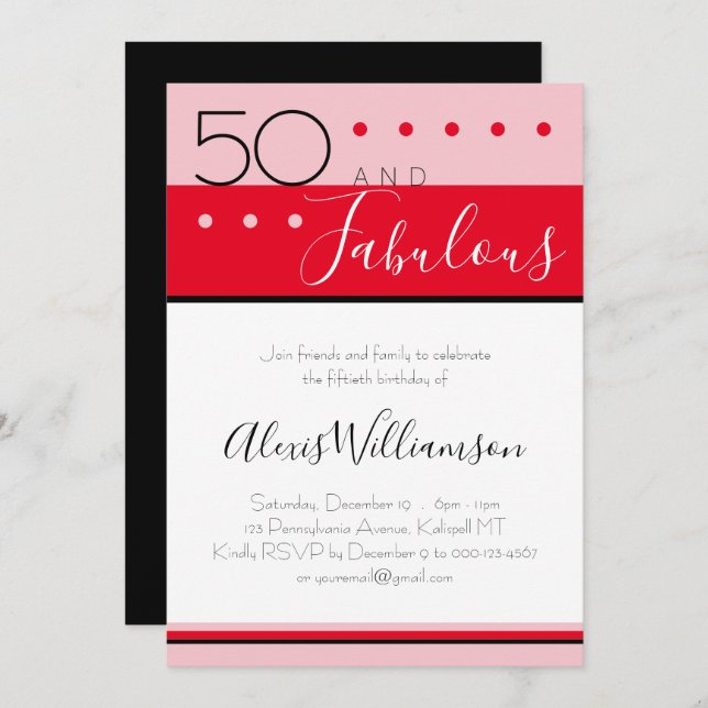 Fifty Fabulous Pink Red Modern Birthday Invitation (Front/Back)