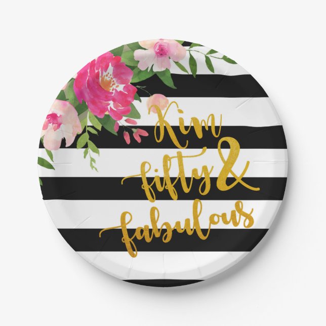 Fifty & Fabulous Plate - Floral w/Blk & White - C (Front)