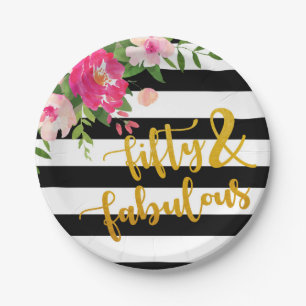 Fifty & Fabulous Plate - Floral with Black & White