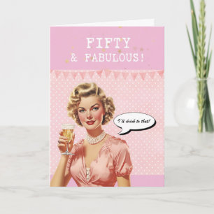 Fifty & fabulous retro pink birthday card