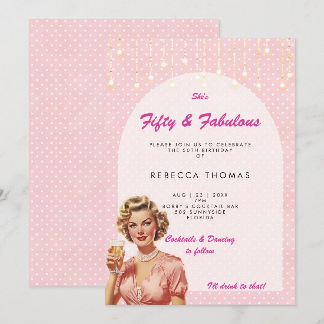 fifty & fabulous retro pink birthday invitation (Front/Back)
