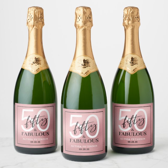 Fifty & Fabulous Rose Gold Script 50th Birthday Sparkling Wine Label (Bottles)