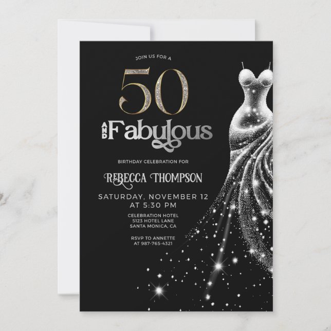 Fifty Fabulous Silver Dress Black 50th Birthday Invitation (Front)