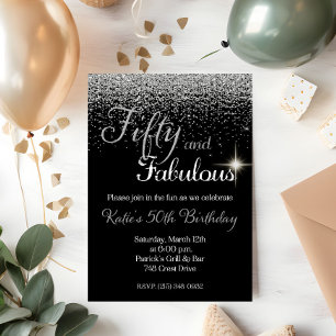 Fifty Fabulous Silver Glitter Birthday Invitation
