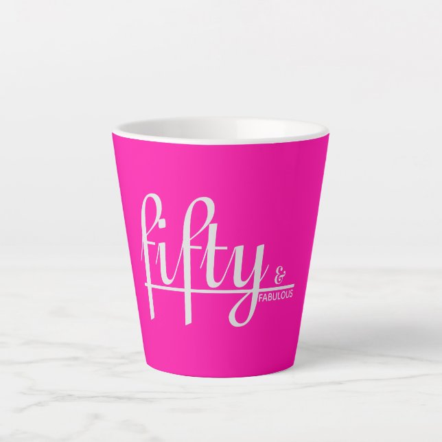 fifty & FABULOUS Silver Typography 50th Birthday Latte Mug (Front)