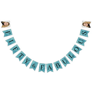 Fifty & Fabulous Teal Script 50th Birthday Photo Bunting Flags