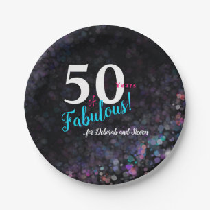Fifty fabulous years pink, silver teal glitter paper plate