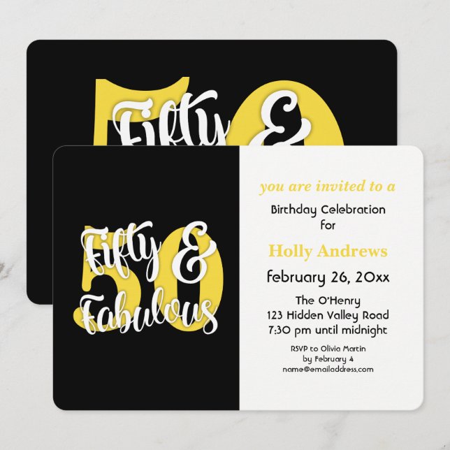 Fifty & Fabulous Yellow Typography Birthday Party Invitation (Front/Back)
