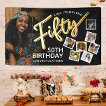 Fifty gold 50th Birthday photos on black Banner<br><div class="desc">Fifty gold script text one large photo and 7 instant snap style photos party banner. Personalize this 50th birthday party banner with your own birthday girl or boys name and 8 photos. Other years and matching items are available and can be created by request. © Original design by Sarah Trett...</div>