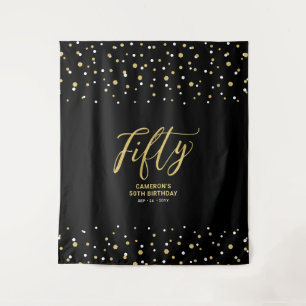 Fifty   Gold & Black 50th Birthday Party Backdrop Tapestry