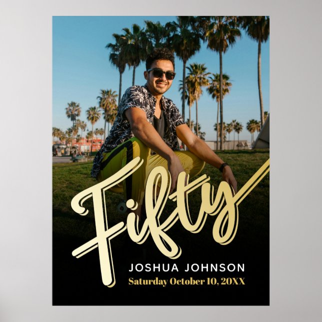 Fifty gold black photo 50th birthday  poster (Front)