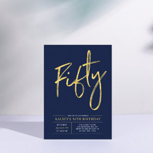 Fifty   Gold & Blue Modern 50th Birthday Party Invitation