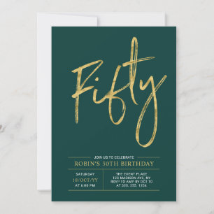 Fifty   Gold & Green Modern 50th Birthday Party Invitation