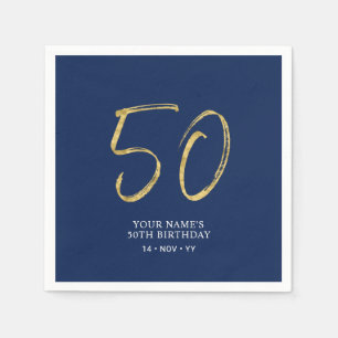 Fifty   Gold & Navy Blue Lettering 50th Birthday Napkin