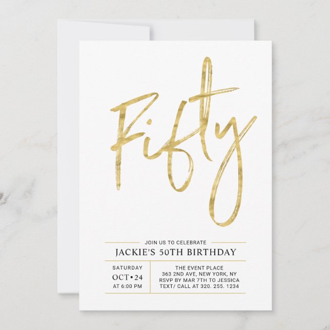 Fifty | Modern Brush Gold 50th Birthday Party Invitation (Front)