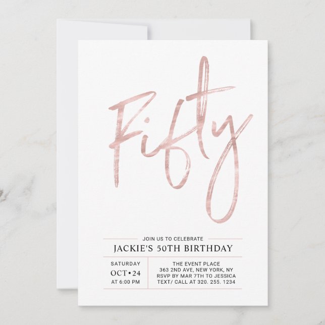 Fifty | Modern Brush Rose Gold 50th Birthday Party Invitation (Front)