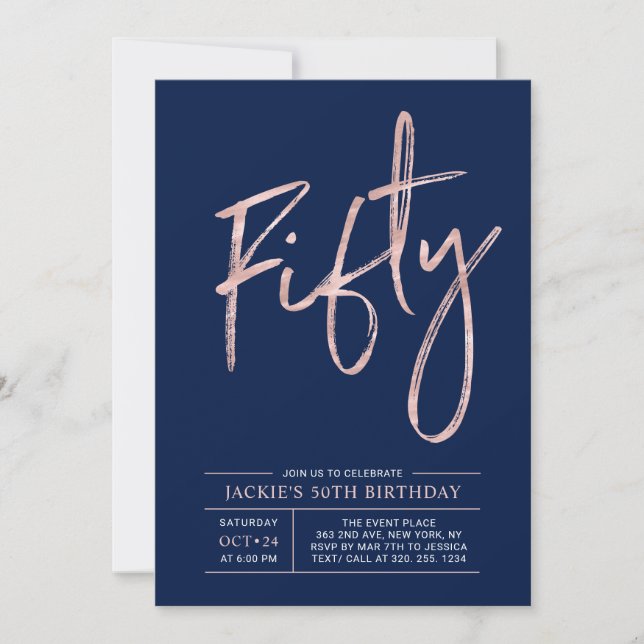 Fifty | Modern Brush Rose Gold 50th Birthday Party Invitation (Front)