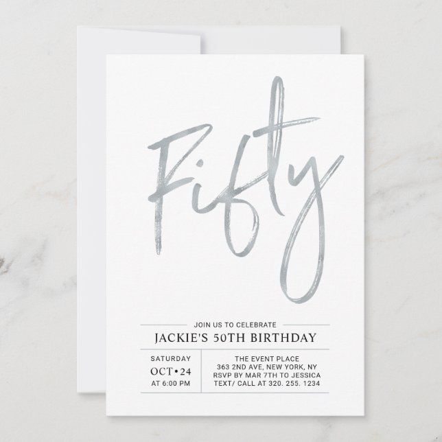 Fifty | Modern Brush Silver 50th Birthday Party Invitation (Front)