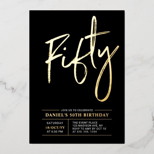 Fifty | Modern Gold & Black 50th Birthday Party (Front)