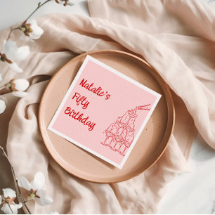 Fifty Pink Hand Drawn Champagne Tower Birthday Napkin