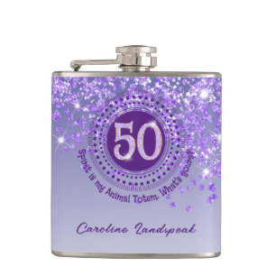 Fifty & Purple Glitter & Drinking Quote Hip Flask
