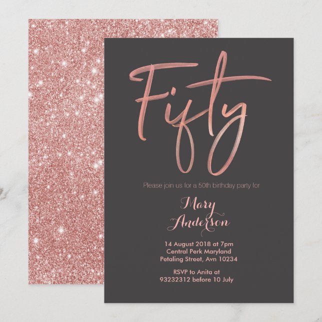 Fifty Rose Gold 50th Birthday Invitation (Front/Back)