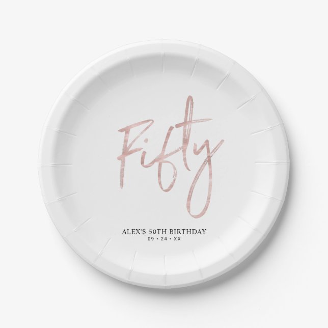 Fifty Rose Gold Lettering 50th Birthday Party Paper Plate (Front)