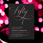 Fifty Rose Gold Script Black 50th Birthday Invitation<br><div class="desc">Celebrate a momentous milestone with the Elegant Fifty Rose Gold & Black 50th Birthday Invitation. The striking contrast between the rich black background and the shimmering rose gold accents creates a luxurious and sophisticated feel. This invitation perfectly captures the essence of a fabulous 50th birthday celebration, setting the stage for...</div>