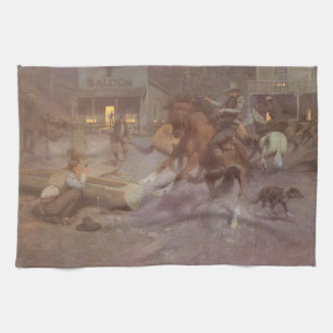 Fight at the Roundup Saloon by Bill Gollings Kitchen Towel