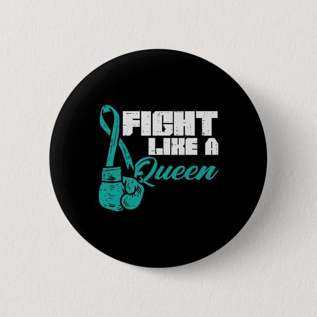 Fight Like Queen Teal Boxing Gloves Ovarian Cancer 2 Inch Round Button (Front)