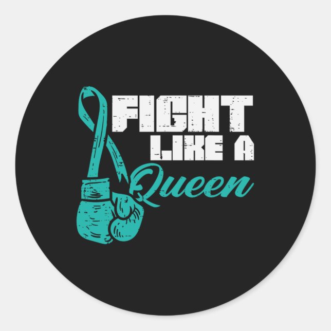 Fight Like Queen Teal Boxing Gloves Ovarian Cancer Classic Round Sticker (Front)