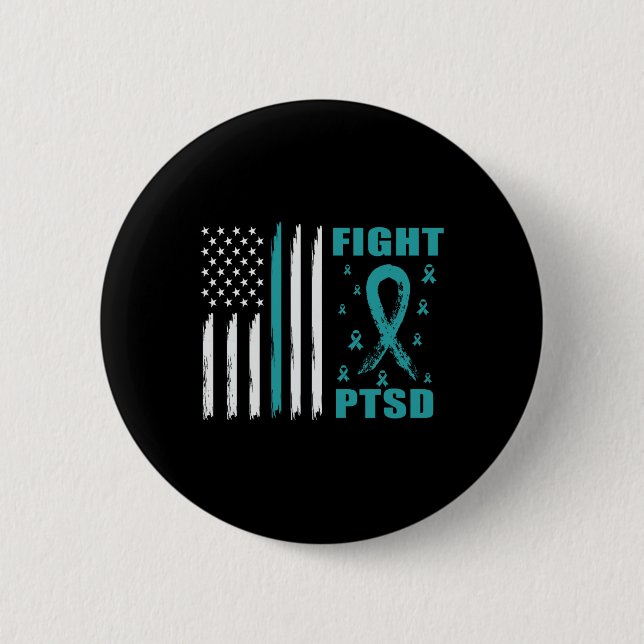 Fight Ptsd Teal Ribbon And Flag  2 Inch Round Button (Front)