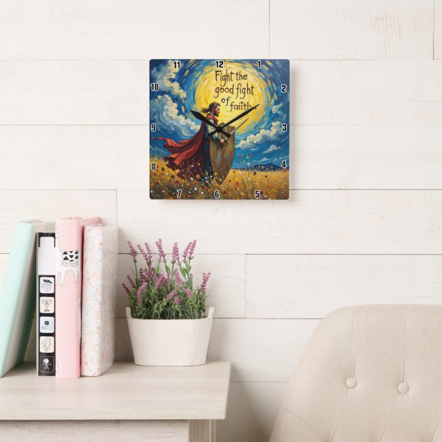 Fight the good fight of faith square wall clock (Reading Room)