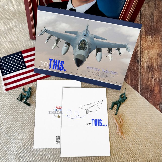 Fighter Airplane Air Force Basic Training Grad Card (From this to THIS paper airplane F-16 Jet, You're A Fighter, Air Force BMT Basic Military Training)