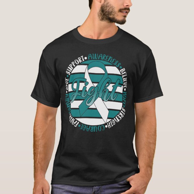 Fighter Cervical Cancer Png, Teal and White Ribbon T-Shirt (Front)
