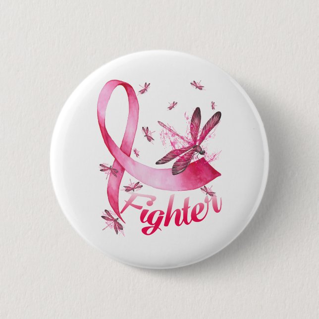 Fighter Dragonfly Pink Ribbon Breast Cancer 2 Inch Round Button (Front)