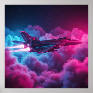 Fighter Jet Above The Clouds Colourful Poster