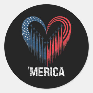 Fighter Jet Airplane American Flag Heart 4th Of Ju Classic Round Sticker