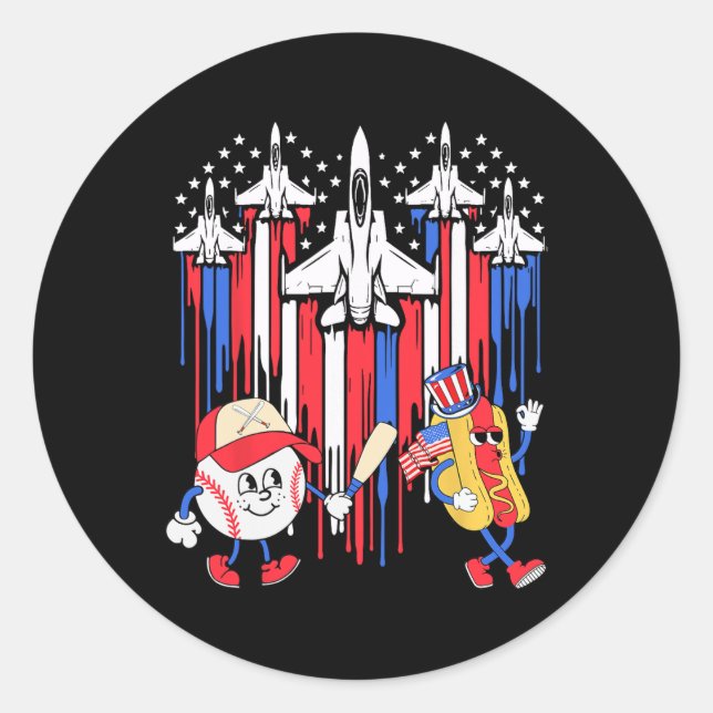 Fighter Jet Airplane Usa Flag Baseball 4th Of July Classic Round Sticker (Front)
