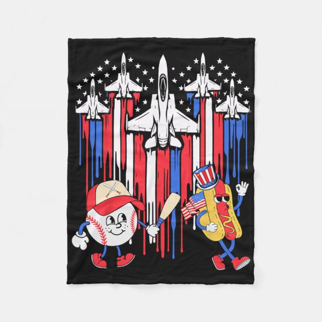 Fighter Jet Airplane Usa Flag Baseball 4th Of July Fleece Blanket (Front)