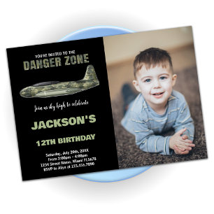 Fighter Jet Birthday Invitations Black with photo