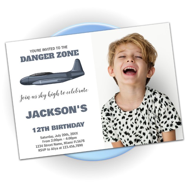 Fighter Jet Invitations Anniversaire Gris avec pho (Fighter Jet Birthday Invitations Gray with photo)